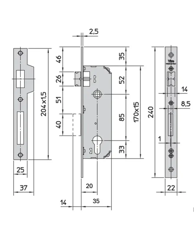 Viro Euro Insert Mortice Lock - 40x40 Frame, 20mm Backset, Gold - For Swing Gates.webp
