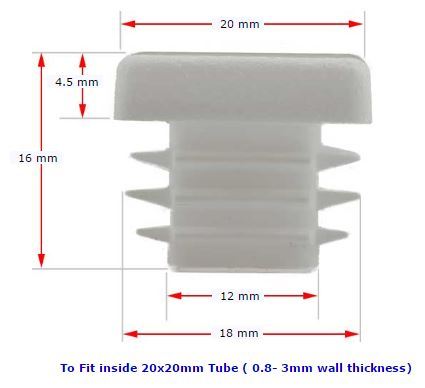 Plastic square cap 20x20mm (0.8-3mm wall thickness) White