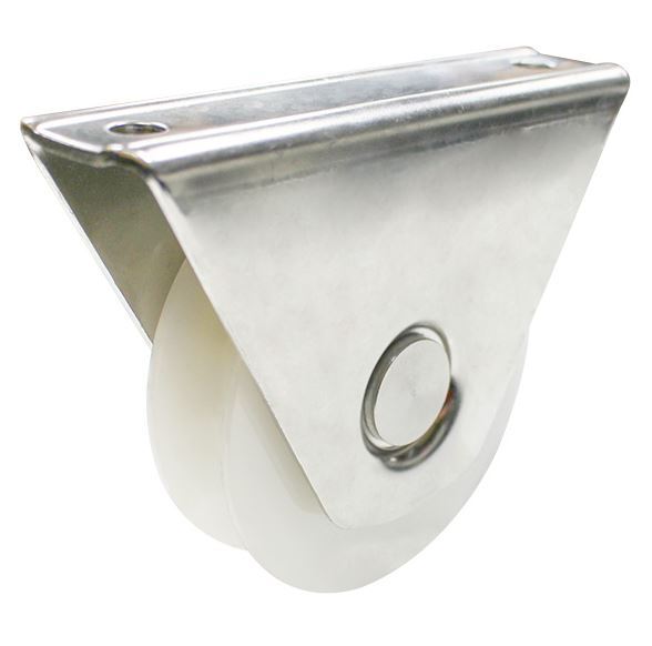 [WH384] White Nylon Sliding Gate Wheel - 90mm U Groove External - Double Bearing, Stainless Steel Bracket